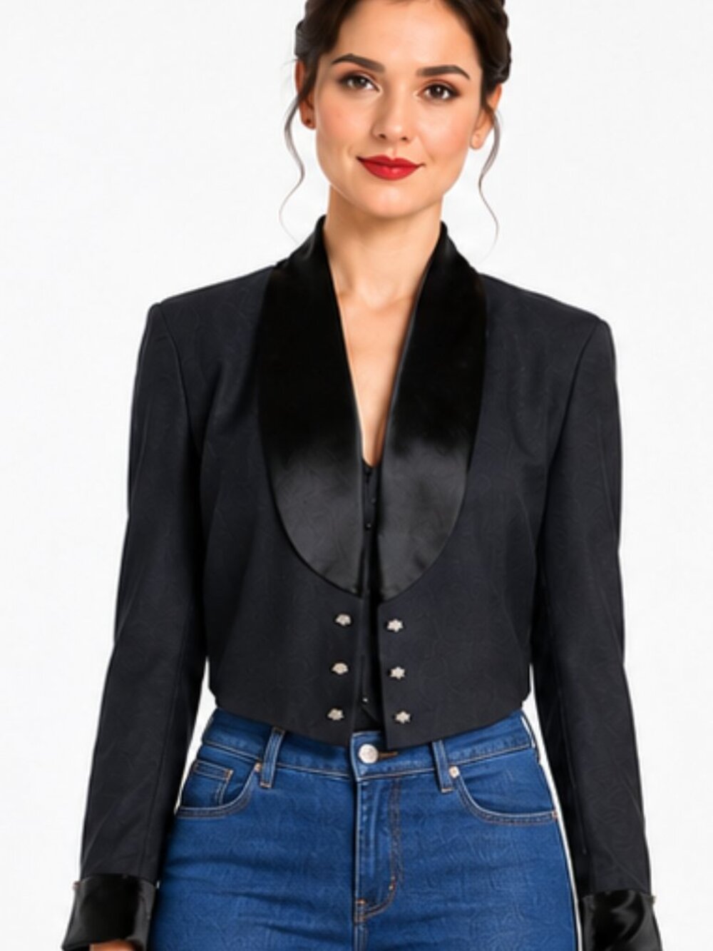 J.R. Nites by Caliendo 10 Elegant Black Open Front Crystal Buttons Short Jacket